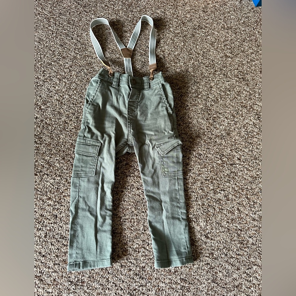 Zara green cargo pant slim fit w/suspenders
